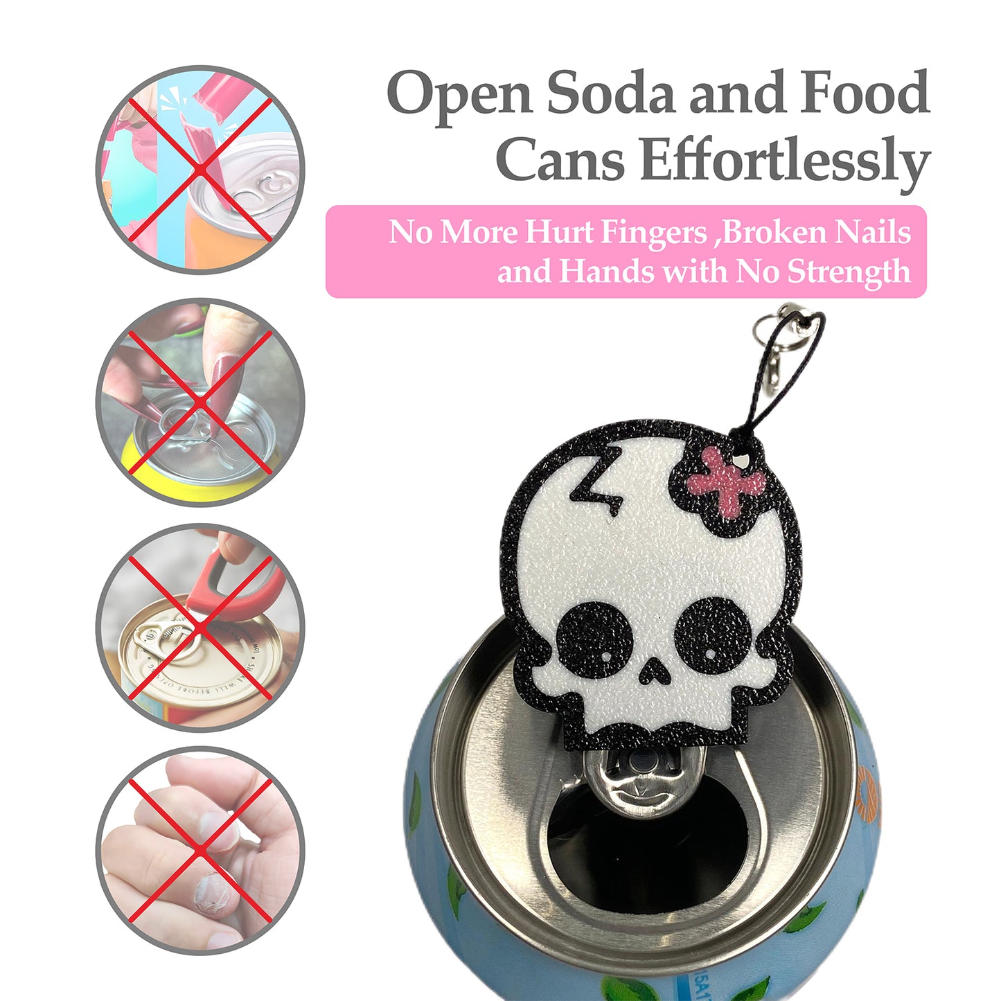 CTABPALS Cute Skull Soda Can Opener Pop Can Tab Opener With Keychain Strap Help for Long Nails,Kids,Sore Hands,Arthritis