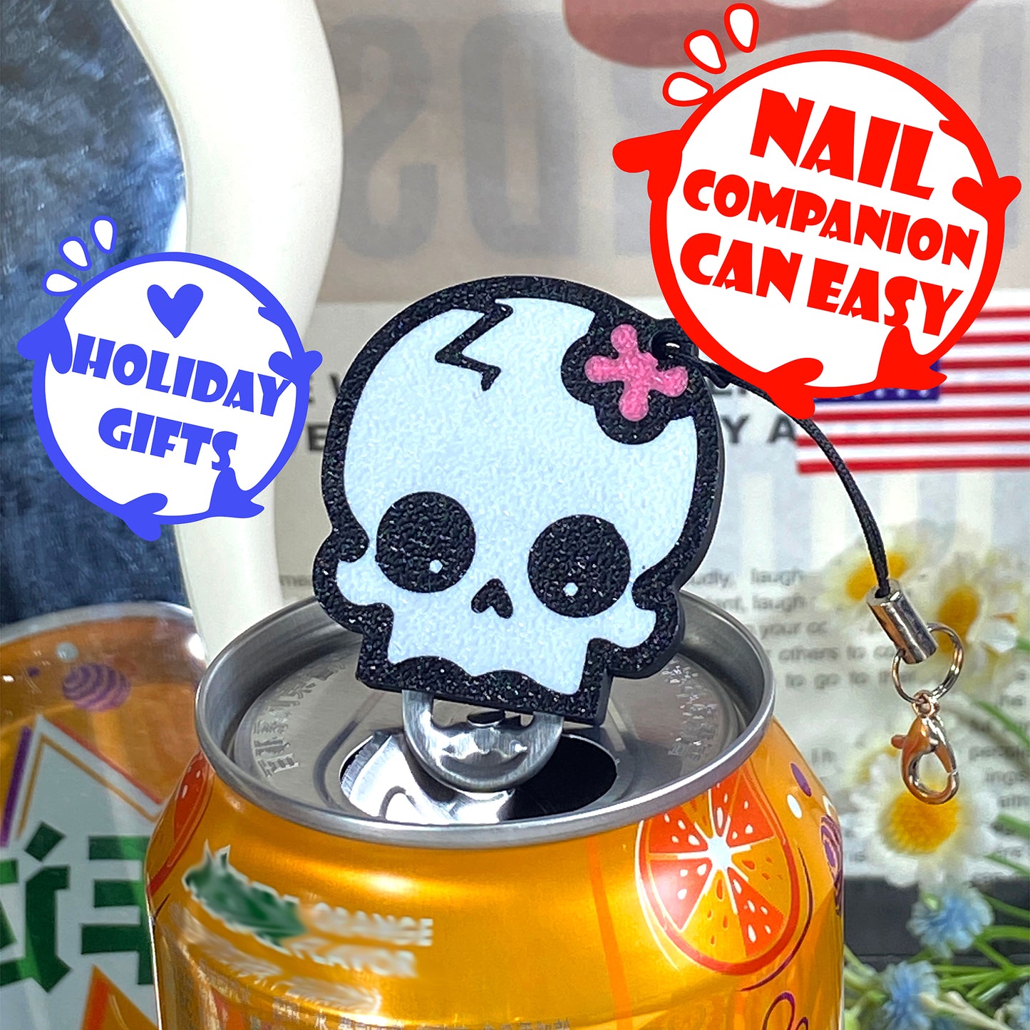 CTABPALS Cute Skull Soda Can Opener Pop Can Tab Opener With Keychain Strap Help for Long Nails,Kids,Sore Hands,Arthritis