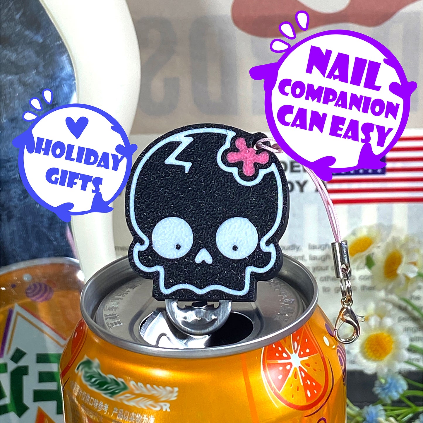 CTABPALS Cute Skull Soda Can Opener Pop Can Tab Opener With Keychain Strap Help for Long Nails,Kids,Sore Hands,Arthritis
